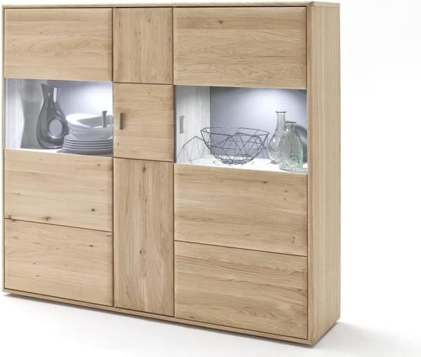 Highboard Torrent 5 Eiche bianco massiv 154x140x39 cm Vitrine Schrank mit Beleuchtung