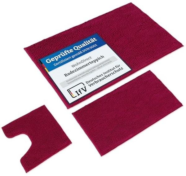 WohnDirect Badematten Set 3 teilig Beere • WC Vorleger (45x45 cm), Badematte (50x80 cm,70x120 cm) • rutschfest waschbar Badezimmerteppich MIT WC-Ausschnitt