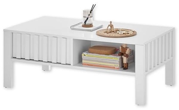 Stella Trading Mao Couchtisch in Weiß - Moderner Sofatisch mit Ablage und Schublade für Ihr Wohnzimmer - 108 x 42,5 x 60 cm (B/H/T)