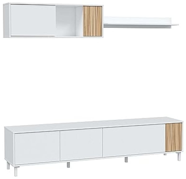 Habitdesign, Wohnzimmermöbel mit großem Stauraum, 5 Drehtüren und 1 Klapptür, in Artik weiß und Natur, moderner Stil für Esszimmer, Maße: 200 x 47 x 40 cm (B x H x T), Modell Ethna