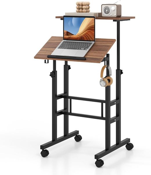 FANTASK Computertisch Höhenverstellbar, mobiler Stehpult mit Rollen, neigbarer Tischplatte & 2 Haken, Home Office Laptopwagen für Zuhause, Büro (Walnuss)