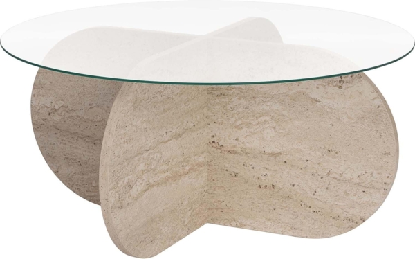 Stylish Coffee Table, 75 x 35 x 75 cm | 100% Tempered Glass & Melamine Coated Particle Board, 18 mm Thick | Elegant Travertine & Transparent Design for Modern Living Spaces