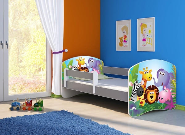 ACMA Kinderbett Jugendbett mit Einer Schublade und Matratze Grau mit Rausfallschutz Lattenrost II (01 Zoo, 140x70) Bild 2