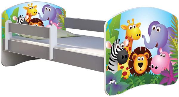 ACMA Kinderbett Jugendbett mit Einer Schublade und Matratze Grau mit Rausfallschutz Lattenrost II (01 Zoo, 140x70) Bild 1