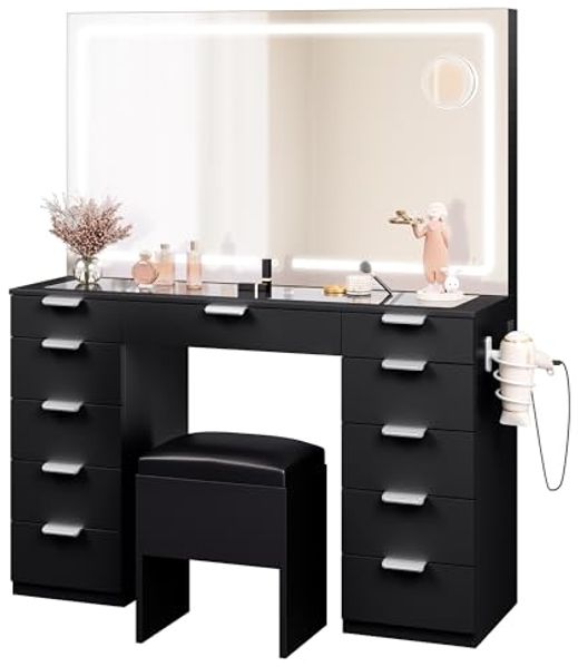 YITAHOME Schminktisch mit LED-Beleuchtung, 3 Farben mit Einstellbarer Helligkeit, Frisiertisch mit Spiegel für Make-up, Kosmetiktisch mit Steckdose, 11 Schubladen, modern, schwarz