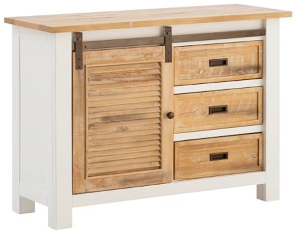 Capera Kommode 110x80x42cm Massivholz weiß braun Landhausstil mit Schiebetür und 3 Schubladen – perfekt für Wohn- oder Esszimmer