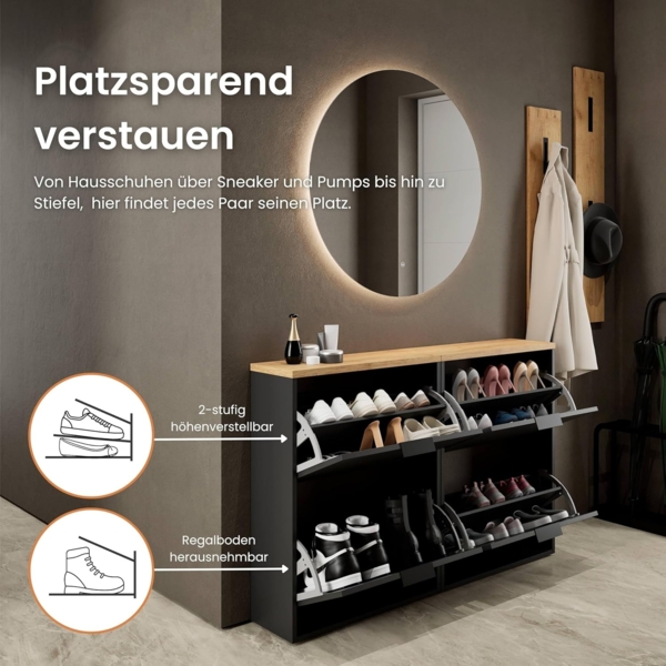 Planetmöbel 2 x Schuhschrank schmal mit 2 Klappen platzsparender Schuhregal mit 4 Ablagen, Schuhkommode für Diele, Flur, Garderobe 60 x 23 x 80,5 cm, schwarz Bild 6