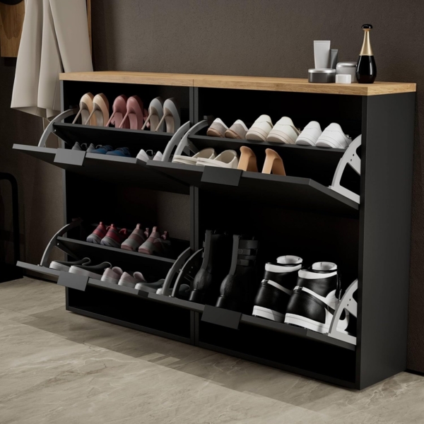 Planetmöbel 2 x Schuhschrank schmal mit 2 Klappen platzsparender Schuhregal mit 4 Ablagen, Schuhkommode für Diele, Flur, Garderobe 60 x 23 x 80,5 cm, schwarz Bild 7
