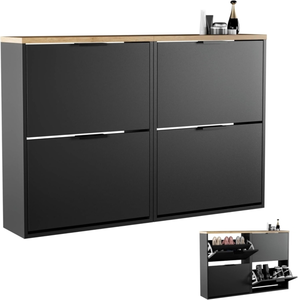 Planetmöbel 2 x Schuhschrank schmal mit 2 Klappen platzsparender Schuhregal mit 4 Ablagen, Schuhkommode für Diele, Flur, Garderobe 60 x 23 x 80,5 cm, schwarz Bild 1