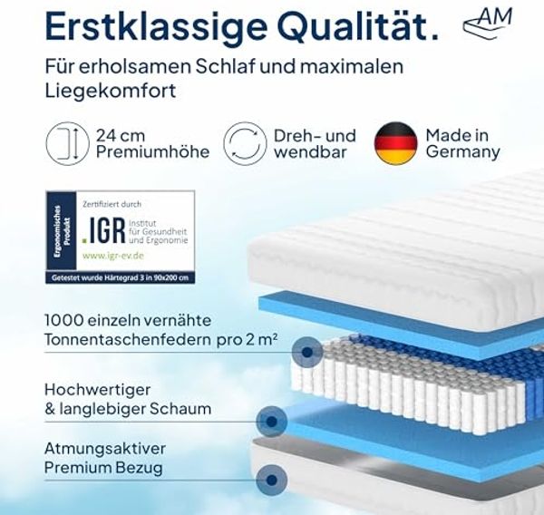 AM Qualitätsmatratzen Deluxe Taschenfederkernmatratze 160x210 cm H4 24cm - Made in Germany & Oeko TEX Siegel - Federkernmatratze 160x210 mit 1000 Federn & Lyocell Bezug - 7 Zonen Matratze 160x210 H4 Bild 3