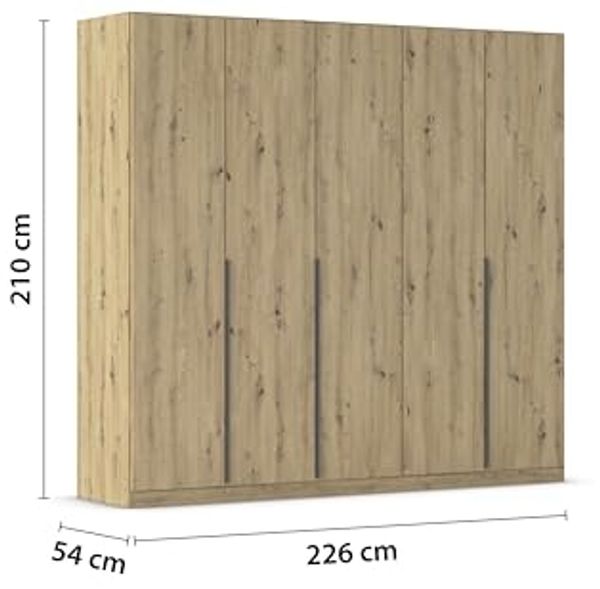 Rauch Möbel Alabama, Kleiderschrank, Garderobenschrank, 5-türig, Zubehör Classic, 3 Kleiderstangen, 6 Einlegeböden, Farbe Eiche Artisan, Holz, Griff Grau metallic, 226 x 210 x 54 cm Bild 3