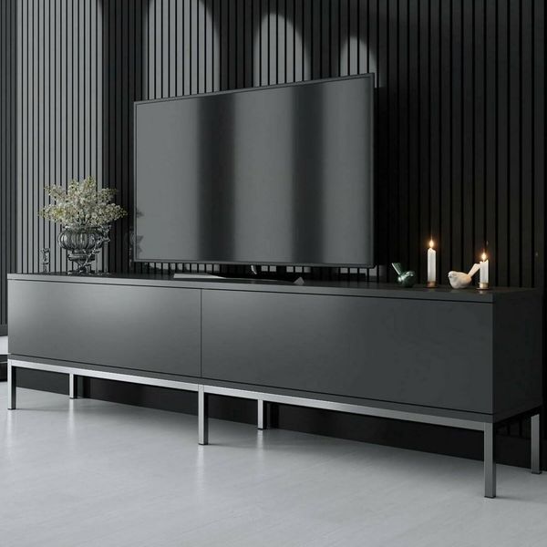 Dmora - Fernsehschrank Regulus, Ständer für Wohnzimmerfernseher, Niedriges Wohnzimmer-Sideboard, TV-Ständerbasis, 180x30h47 cm, Anthrazit und Silber