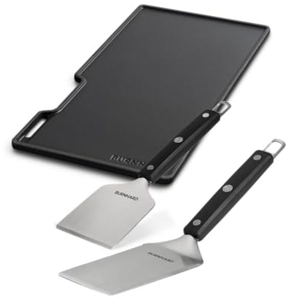 BURNHARD® Gusseisen Wendeplatte Set Earl mit 2-tlg. Grillspachtel und Grillschaber Set, Schwarz / Silber