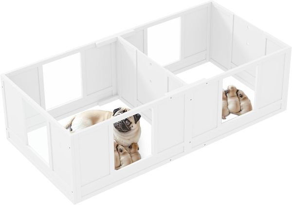 PawHut Laufgitter Welpenlaufstall mit 2-Raum-Design und waschbar (Wurfkiste für Welpen, 7-tlg), für kleine Hunde, 164 x 80 x 48 cm, Weiß