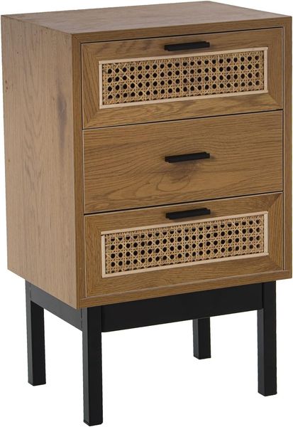 DRW Nachttisch mit 3 Schubladen aus MDF, Weide und Metall in Natur und Schwarz, 40 x 30 x 65 cm, bunt, estandar