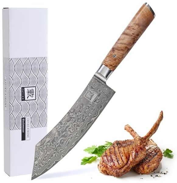 ZAYIKO Damastmesser KINONE Blockmesser - 19,5cm Klinge - Wurzelholzgriff Birke - VG-10 Stahlkern