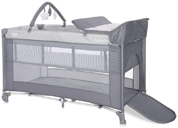 Lorelli Reisebett Torino plus 2 Ebenen Wickelauflage Spielbogen Räder faltbar dunkelgrau Bild 4