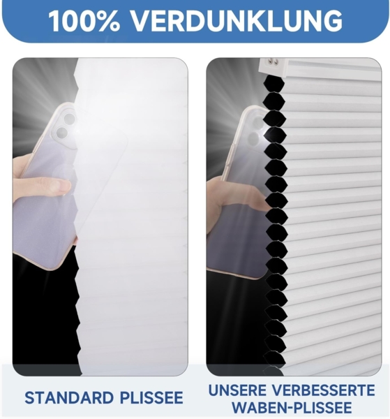 Sekey Wabenplissee Ohne Bohren Verdunkelung Rollo 100% verdunkelnd Blickdicht, Klemmfix, Aluminiumschiene, ZWeißeitig wählbar in Weiß & Grau 65x130 cm (BxH) Bild 4