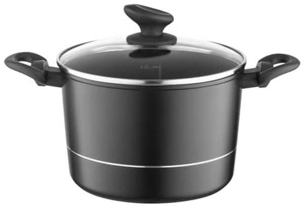 FLORINA Aluminium Topf (5 l) 22 cm I Kochtopf DELUX mit Glasdeckel I Messbecher & Antikratz-Beschichtung I Hoher Topf mit Induktionsboden I Induktionsherd, Gasherd, Elektroherd (Schwarz)