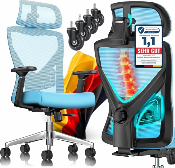 KESSER® Bürostuhl mit verstellbaren Armlehnen | Drehstuhl mit Lendenwirbelstütze Rückenschonend | Schreibtischstuhl ergonomisch mit Kopfstütze | Office Chair Wippfunktion bis 125° mit 5x Gummirollen Blau / Silber
