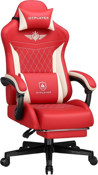 GTPLAYER Gaming Stuhl, Ergonomischer Gamer Stuhl aus PU-Leder mit Lendenwirbelstütze, PC-Stuhl mit verbreiterter Rückenlehne, Belastbar bis 150 kg, Rot