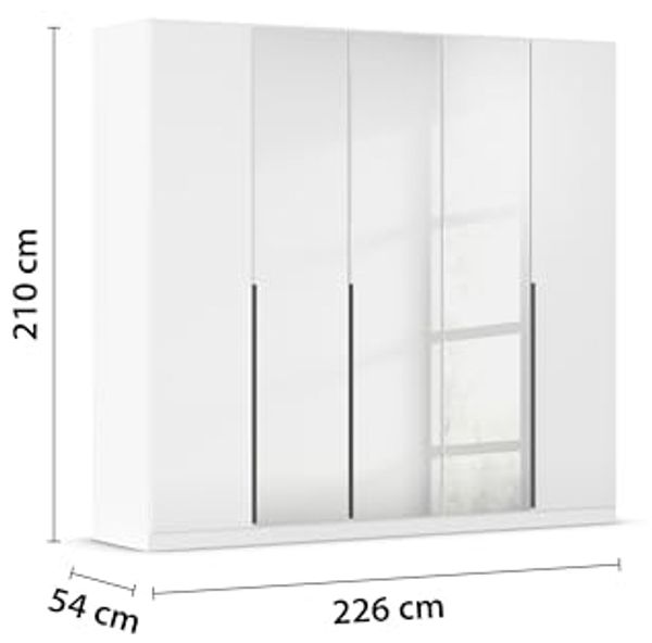 Rauch Möbel Alabama, Kleiderschrank, Garderobenschrank, 5-türig, Spiegel, Zubehör Classic, 3 Kleiderstangen, 6 Einlegeböden, Farbe Hochglanz Weiß/Weiß, Griff Grau metallic, 226 x 210 x 54 cm Bild 3