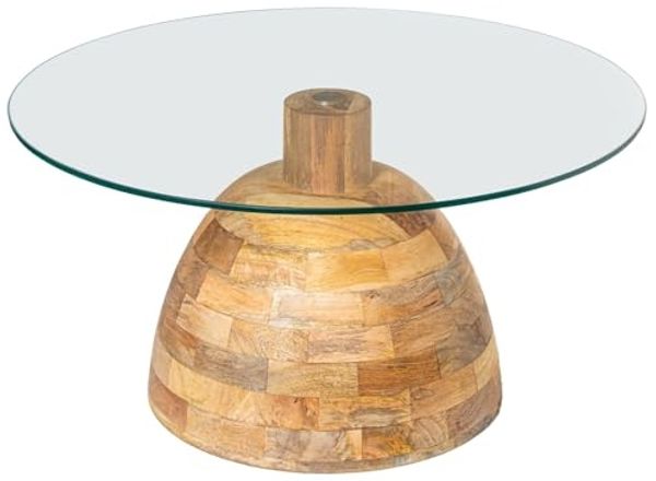 DRW Runder Couchtisch aus Glas und Holz in Transparent und Natur, 78 x 78 x 41 cm