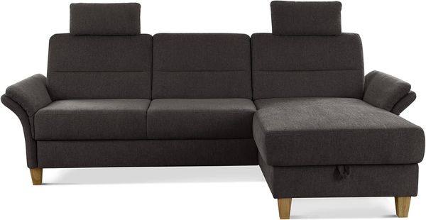 CAVADORE Ecksofa Wyk mit Federkern / Schlafsofa im Landhaus-Stil mit Longchair, Bett, Bettkasten, Armteilfunktion + 2 Kopfstützen / 252 x 90 x 162 / Chenille, Braun