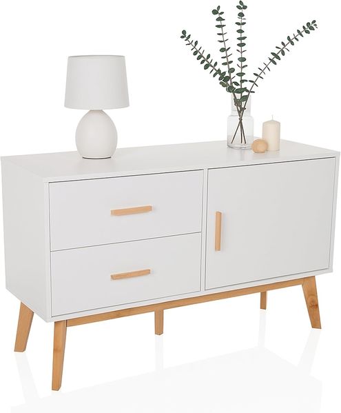 hjh LIVING Sideboard mit 2 Schubladen und 1 Tür TAROLO Kommode 120 x 40 x 72 cm Schrank im skandinavischen Stil Weiß, Fußgestell in Eiche