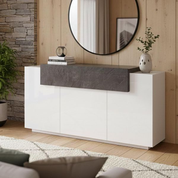Dmora - Kommode Sirio, 3-türiges Küchen-Sideboard, Wohnzimmer-Buffet, 100 % Made in Italy, 160 x 45 x 86 cm, glänzendes Weiß und Schiefer,