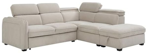 Vente-unique - Ecksofa mit Schlaffunktion und Hocker - Stoff - Beige - BALOTIA