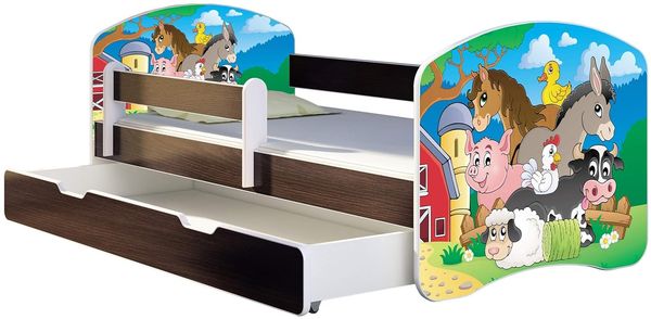 ACMA Kinderbett Jugendbett mit Einer Schublade und Matratze Wenge mit Rausfallschutz Lattenrost II 140x70 160x80 180x80 (34 Farm, 140x70 + Bettkasten)