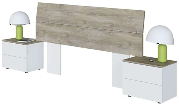 Habitdesign, modernes Kopfteil mit 2 Nachttischen – Schlafzimmer-Set für Doppelbett (135–150 cm) in Artik weiß & Eiche Alaska, viel Stauraum, Maße: 276 x 96 x 34 cm (B x H x T), Modell New Dreams