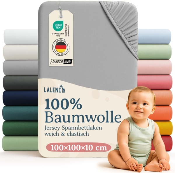 Laleni Jersey Spannbettlaken Laufgitter quadratisch 100x100 cm - Oeko-Tex Zertifiziert, 100% Baumwolle, atmungsaktives Spannbetttuch für Baby, 135 g/m², Moonlight Grey - grau