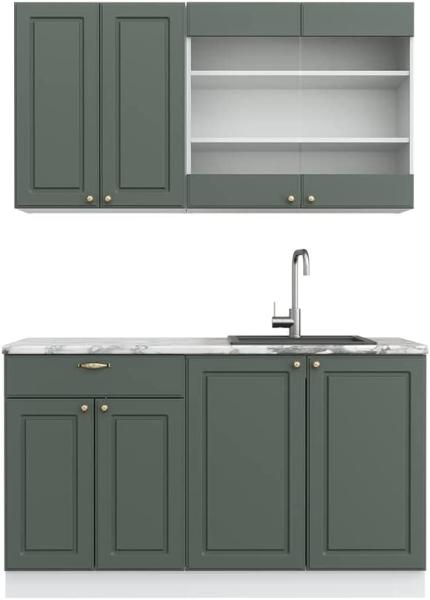 Vicco Küchenzeile Küchenblock Einbauküche Fame-Line Single Landhaus 140 cm modern Küchen Schränke Spülenunterschrank Schubunterschrank Hängeschrank Hängeglasschrank (Weiß-Grün-Gold)