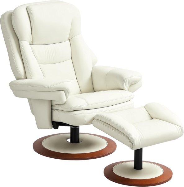 HOMCOM Relaxsessel mit Hocker Fernsehsessel mit Liegefunktion (Drehbarer TV-Sessel, 2-St, Liegesessel), bis 150 kg belastbar für Wohnzimmer, Kunstleder, Cremeweiß