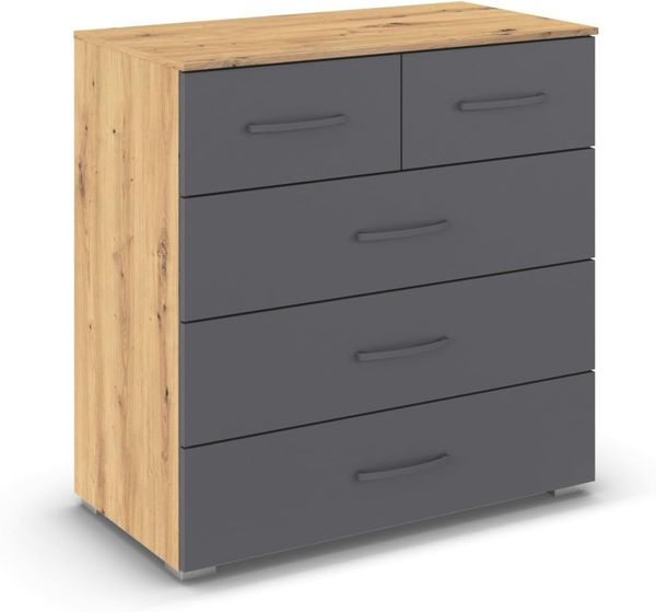 rauch Aditio Box, Kommode, 5 Schubladen, mit Softclose-Funktion, Farbe Grau metallic/Eiche Artisan, BxHxT 80x81x42cm