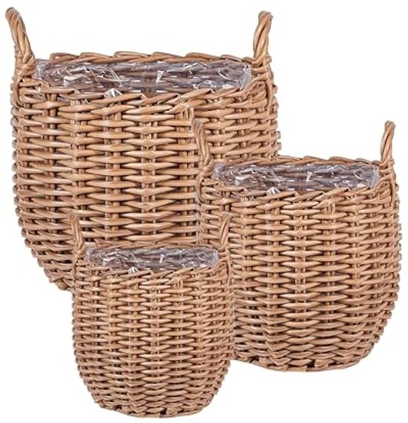 Set mit 3 Blumentöpfen AUCUBA PE Rattan 26 34 44 cm Hellbraun