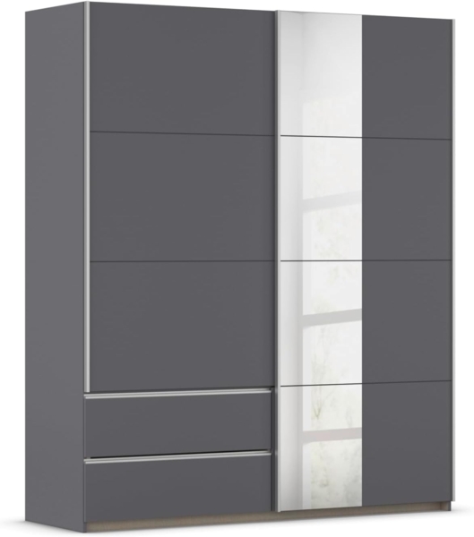 Rauch Möbel Stoke, Schwebetürenschrank, Kleiderschrank, Schrank, Garderobe, 2-türig, 1 Spiegel, 2 Schubladen, Farbe Grau metallic, Schwarz, Griffleisten Alufarben, 175 x 210 x 59 cm