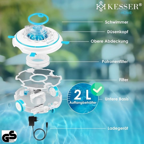 KESSER® Poolroboter Poolreiniger Akku Aqua-9000 inkl. Transporttasche Pool Roboter für bis 80m² Pools, Li-Ion Akku max. 75 min, Kabellos Poolsauger Bodenreinigung Vollautomatisch Bodensauger Türkis Bild 5