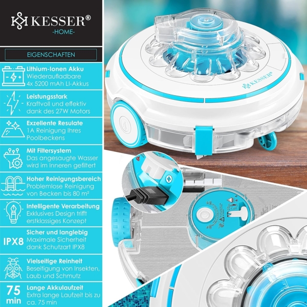 KESSER® Poolroboter Poolreiniger Akku Aqua-9000 inkl. Transporttasche Pool Roboter für bis 80m² Pools, Li-Ion Akku max. 75 min, Kabellos Poolsauger Bodenreinigung Vollautomatisch Bodensauger Türkis Bild 2