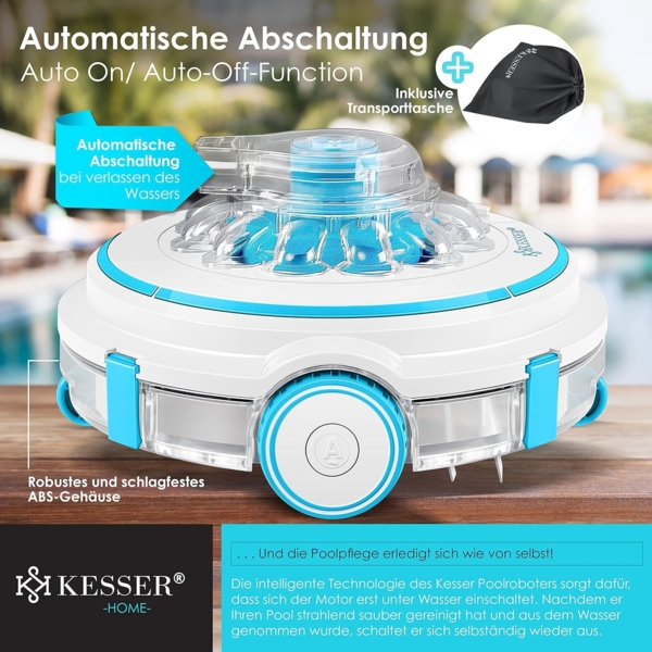 KESSER® Poolroboter Poolreiniger Akku Aqua-9000 inkl. Transporttasche Pool Roboter für bis 80m² Pools, Li-Ion Akku max. 75 min, Kabellos Poolsauger Bodenreinigung Vollautomatisch Bodensauger Türkis Bild 6