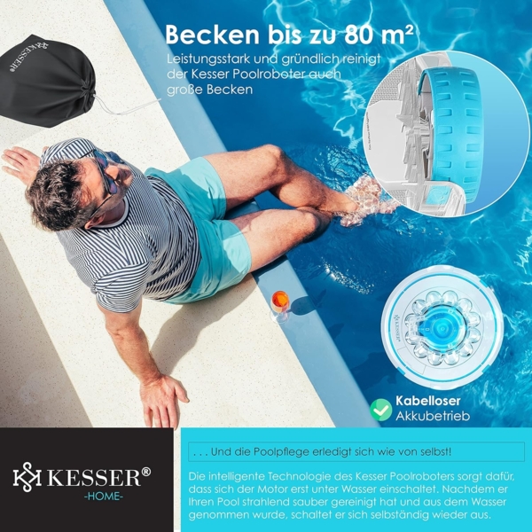 KESSER® Poolroboter Poolreiniger Akku Aqua-9000 inkl. Transporttasche Pool Roboter für bis 80m² Pools, Li-Ion Akku max. 75 min, Kabellos Poolsauger Bodenreinigung Vollautomatisch Bodensauger Türkis Bild 3