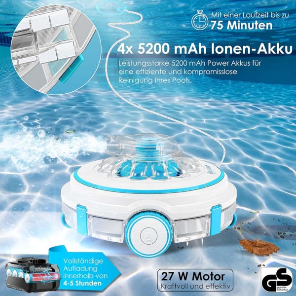 KESSER® Poolroboter Poolreiniger Akku Aqua-9000 inkl. Transporttasche Pool Roboter für bis 80m² Pools, Li-Ion Akku max. 75 min, Kabellos Poolsauger Bodenreinigung Vollautomatisch Bodensauger Türkis Bild 4