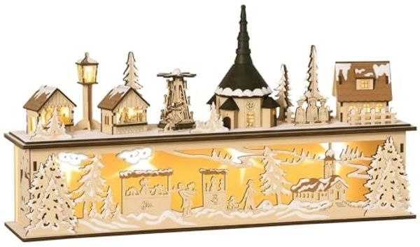 HOMCOM Weihnachtsdorf Weihnachtsdeko, Weihnachtsdorf, 10 LEDs, Holz, 45 x 10 x 25cm, Kirche mit integrierter LED-Beleuchtung, Höhe 25 cm