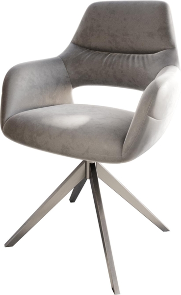 Esszimmerstuhl Yago-Flex mit Armlehnen Samt Grau Kreuzgestell breit Edelstahl Taschenfederkern