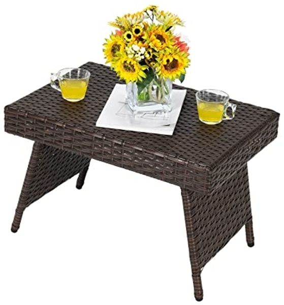 COSTWAY klappbar Rattantisch, Beistelltisch Gartentisch Polyrattan, Balkontisch mit PVC-Platte, Teetisch für Garten Wohnzimmmer Balkon, Braun…