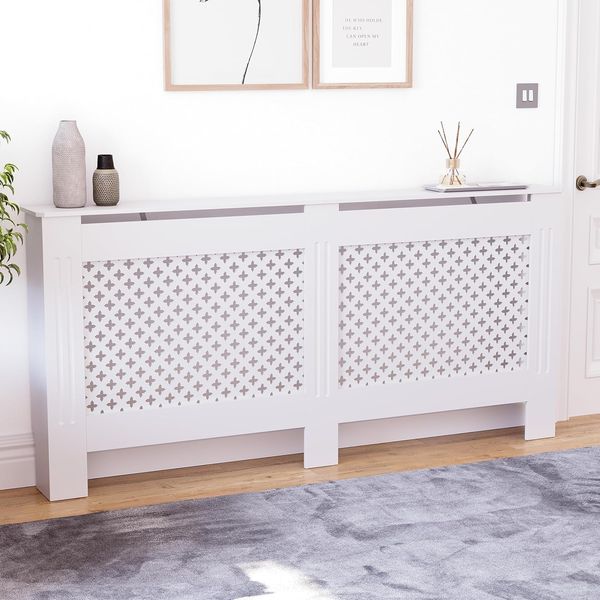Vida Designs Oxford-Heizkörperabdeckung, moderner weißer MDF-Schrank mit Rillen, oberes Regal aus Holz, extra groß