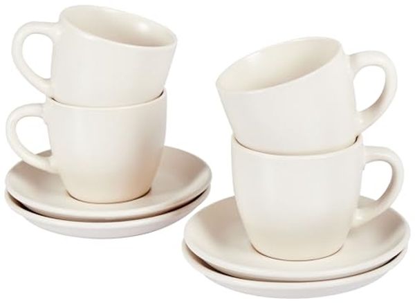 Tassen 4er Set mit Untertellern CARAWAY Steinzeug Cremeweiß