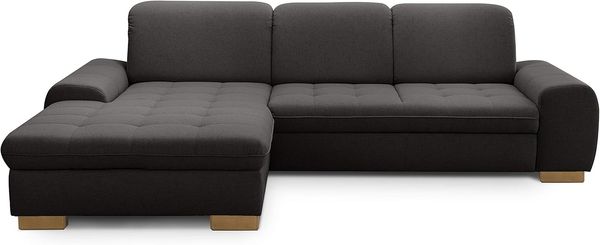 CAVADORE Sofaecke Lexi im Landhausstil / Schlafsofa in L-Form mit XXL-Longchair links und Federkern / Inkl. Bett, Bettkasten und Kopfteilfunktion / 275x82-99x173 / Flachgewebe: Grau